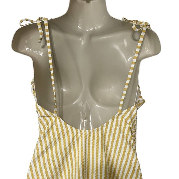 Jessica Simpson Striped Seersucker One Piece Swimsuit Mustard Yellow White Sz L - Picture 9 of 13